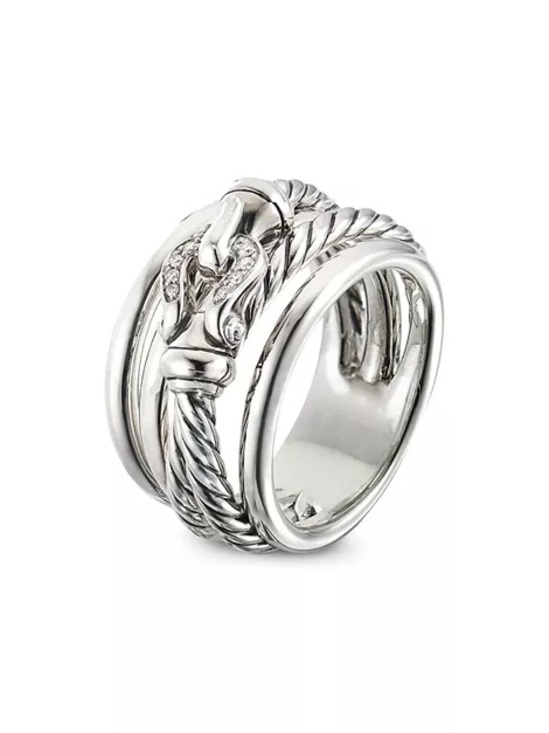 David Yurman Crossover Buckle Ring in Sterling Silver with Pavé Diamonds - Picture 8 of 8